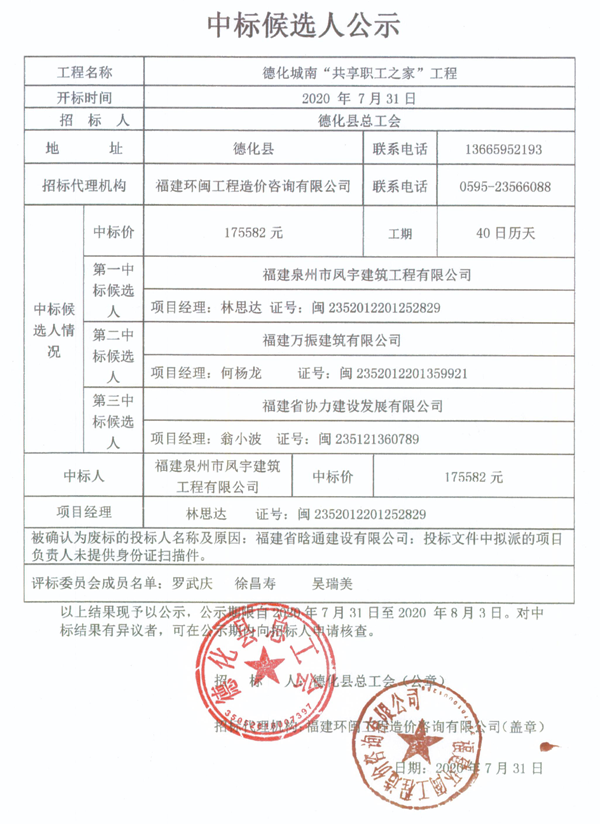 德化城南“共享职工之家”工程中标候选人公示 - 憨鼠网