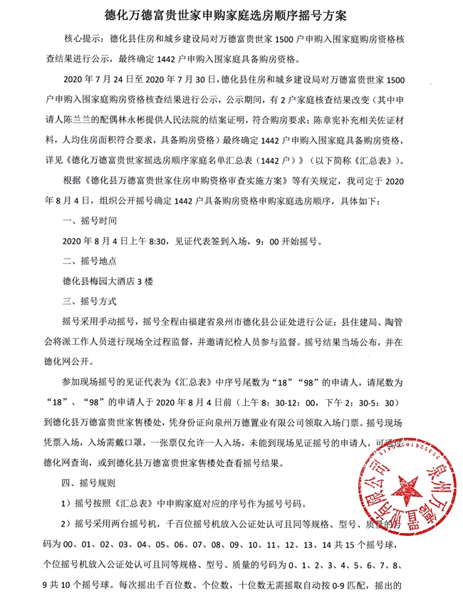 德化万德富贵世家申购家庭选房顺序摇号方案 - 憨鼠网