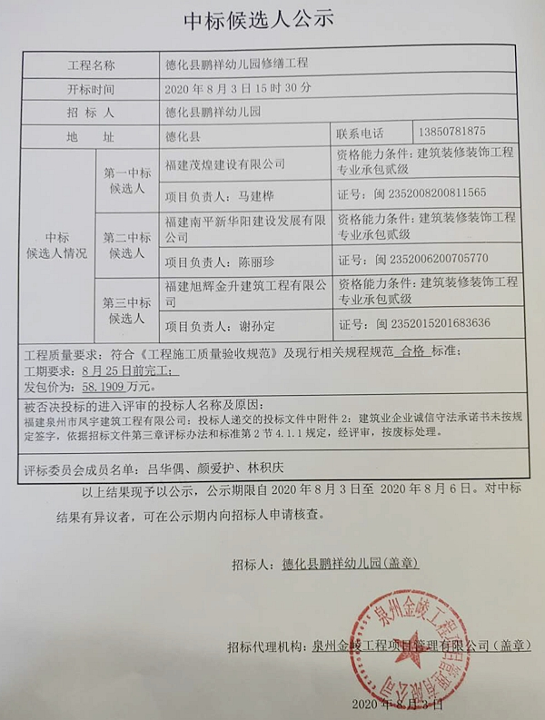 德化县鹏祥幼儿园修缮工程中标候选人公示 - 憨鼠网