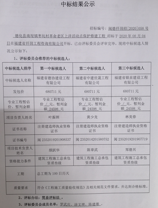德化县南埕镇枣坑村革命老区上洋活动点保护修建工程中标结果公示 - 憨鼠网
