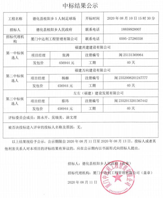 德化县桂阳乡5人制足球场中标结果公示 - 憨鼠网