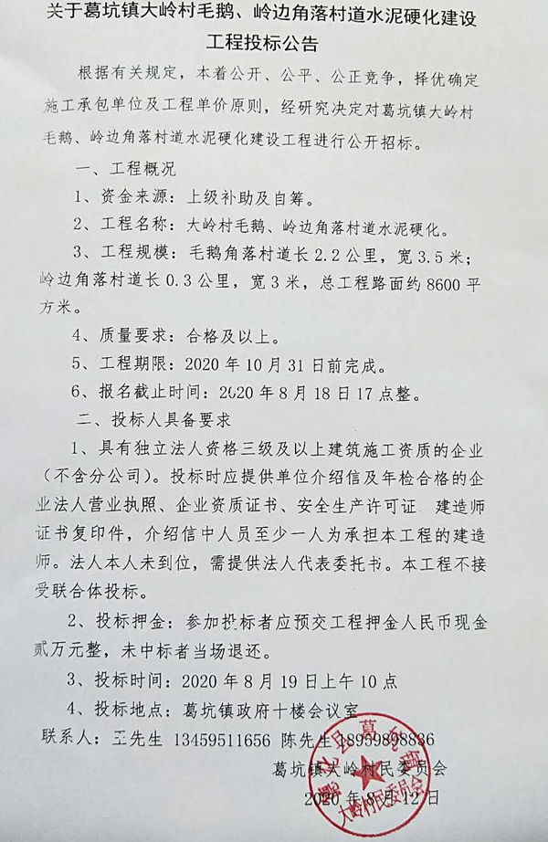 关于葛坑镇大岭村毛鹅、岭边角落村道水泥硬化建设工程投标公告 - 憨鼠网