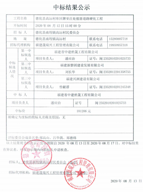 德化县高沶村库区牌至庄处祖厝道路硬化工程中标结果公示 - 憨鼠网