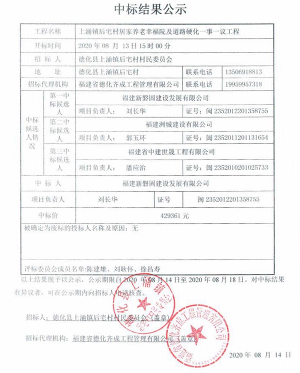 上涌镇后宅村居家养老幸福院及道路硬化一事一议工程中标结果公示 - 憨鼠网
