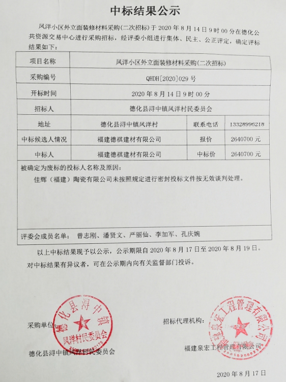 凤洋小区外立面装修材料采购（二次招标）中标结果公示 - 憨鼠网