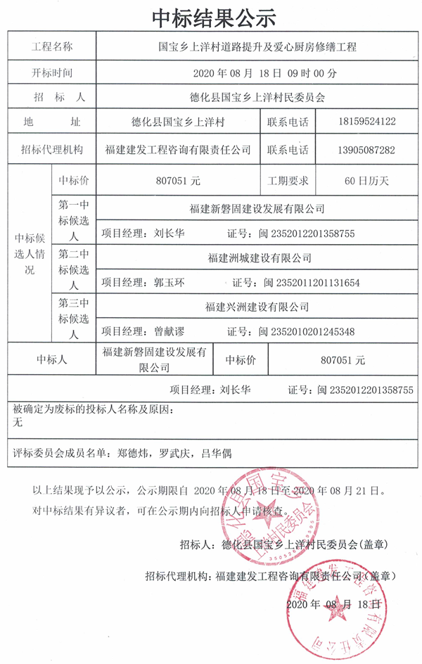 国宝乡上洋村道路提升及爱心厨房修缮工程中标结果公示 - 憨鼠网