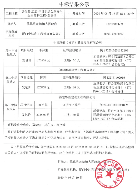 德化县2020年县乡道公路安全生命防护工程-盖德镇中标结果公示 - 憨鼠网