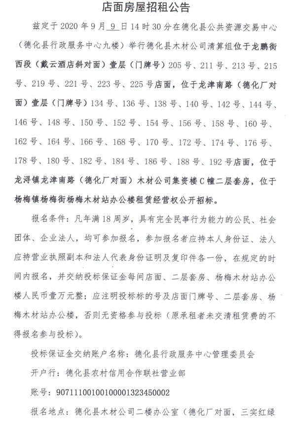 德化县木材公司清算组店面及房屋招租公告 - 憨鼠网