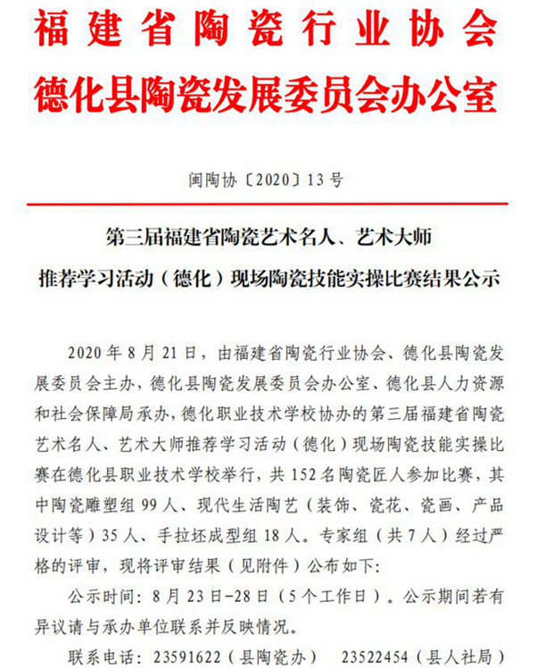 第三届福建省陶瓷艺术名人、艺术大师推荐学习活动(德化)现场陶瓷技能实操比赛结果公示 - 憨鼠网