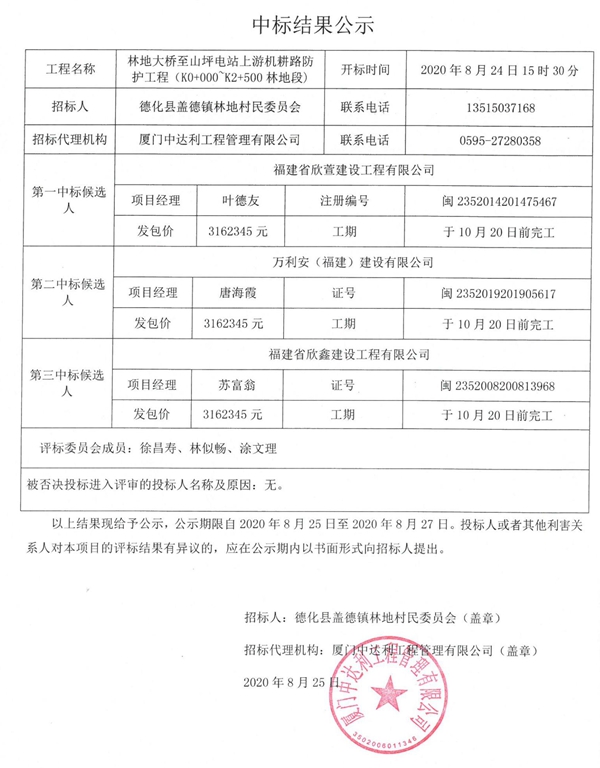 林地大桥至山坪电站上游机耕路防护工程（K0+000~K2+500林地段）中标结果公示 - 憨鼠网
