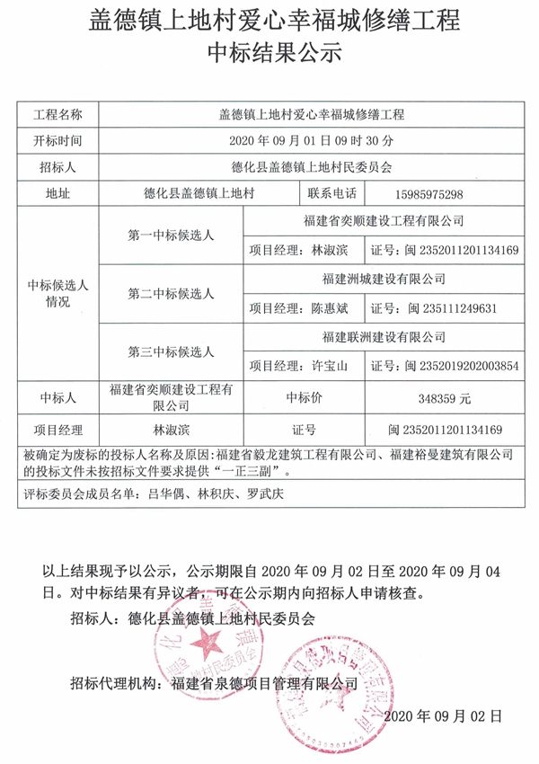盖德镇上地村爱心幸福城修缮工程中标结果公示 - 憨鼠网