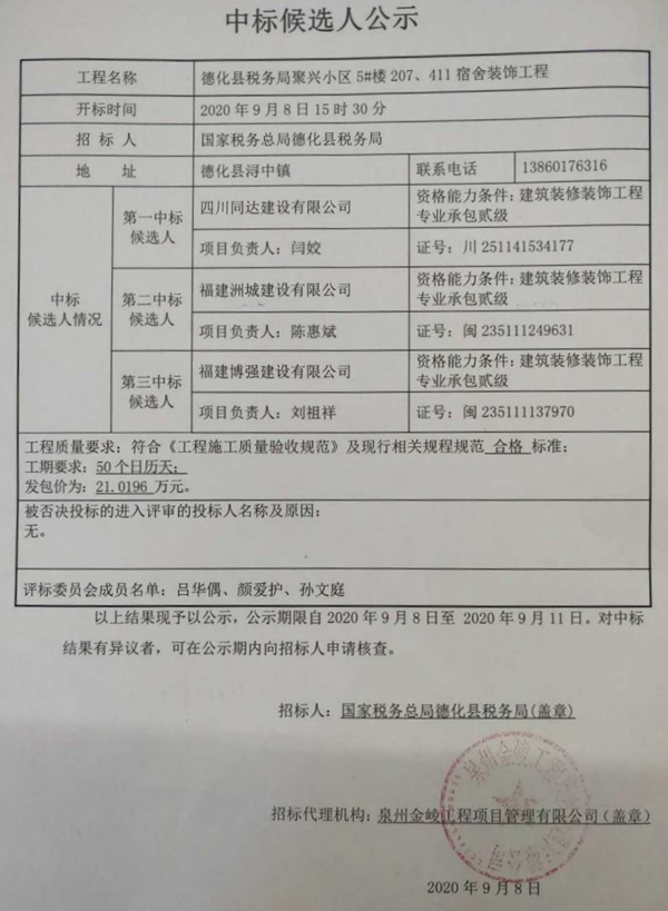 德化县税务局聚兴小区5#楼207、411宿舍装饰工程中标候选人公示 - 憨鼠网