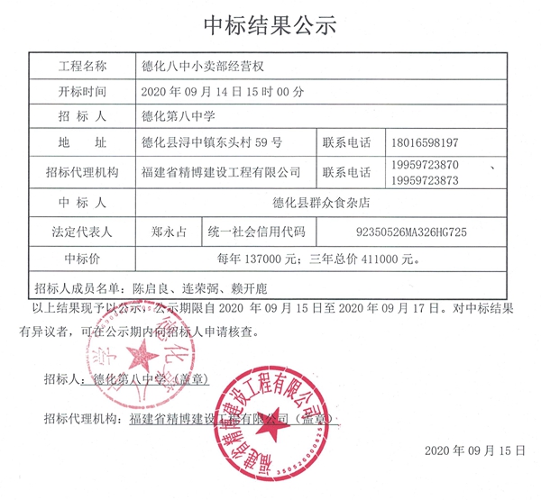 德化八中小卖部经营权中标结果公示 - 憨鼠网