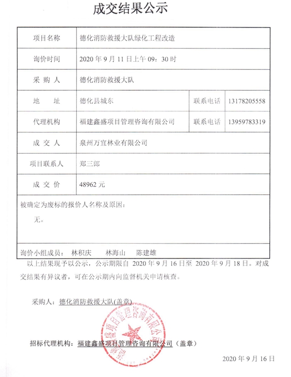 德化消防救援大队绿化工程改造成交结果公示 - 憨鼠网