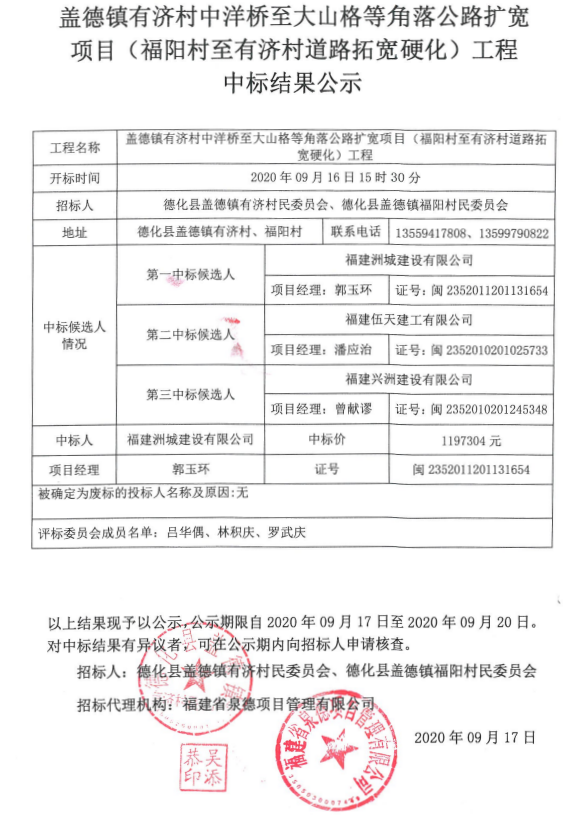 盖德镇有济村中洋桥至大山格等角落公路扩宽项目(福阳村至有济村道路拓宽硬化)工程中标结果公示 - 憨鼠网