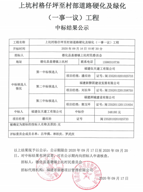 上坑村格仔坪至村部道路硬化及绿化（一事一议）工程中标结果公示 - 憨鼠网