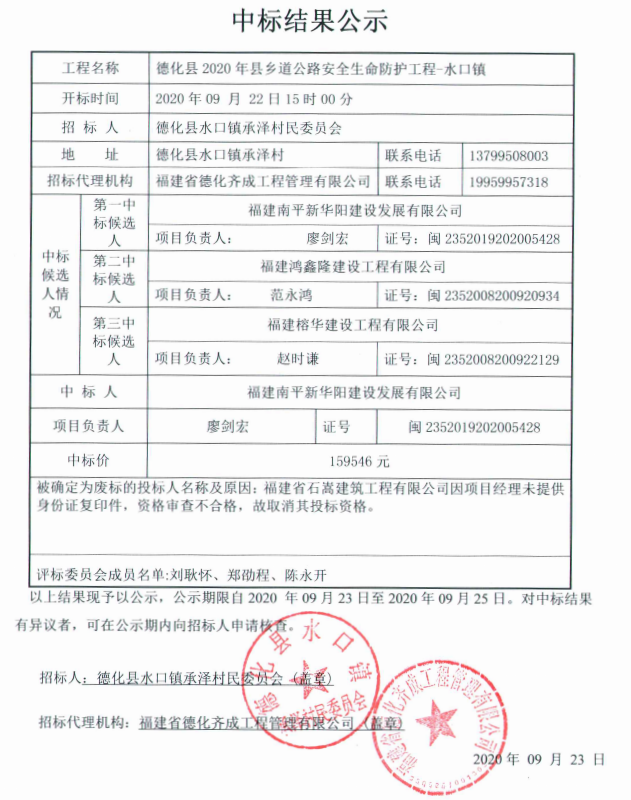 德化县2020年县乡道公路安全生命防护工程-水口镇中标结果公示 - 憨鼠网