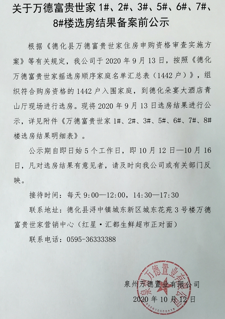 关于万德富贵世家1#、2#、3#、5#、6#、7#、8#楼选房结果备案前公示 - 憨鼠网