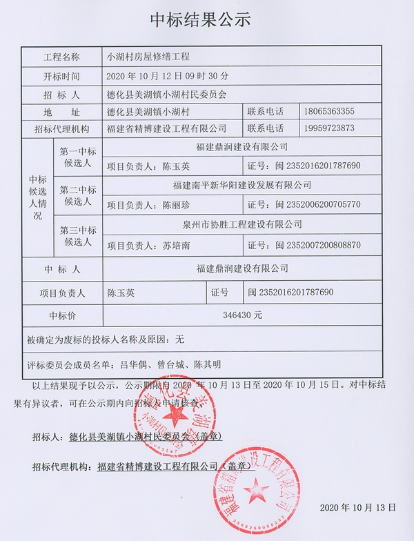 小湖村房屋修缮工程中标结果公示 - 憨鼠网