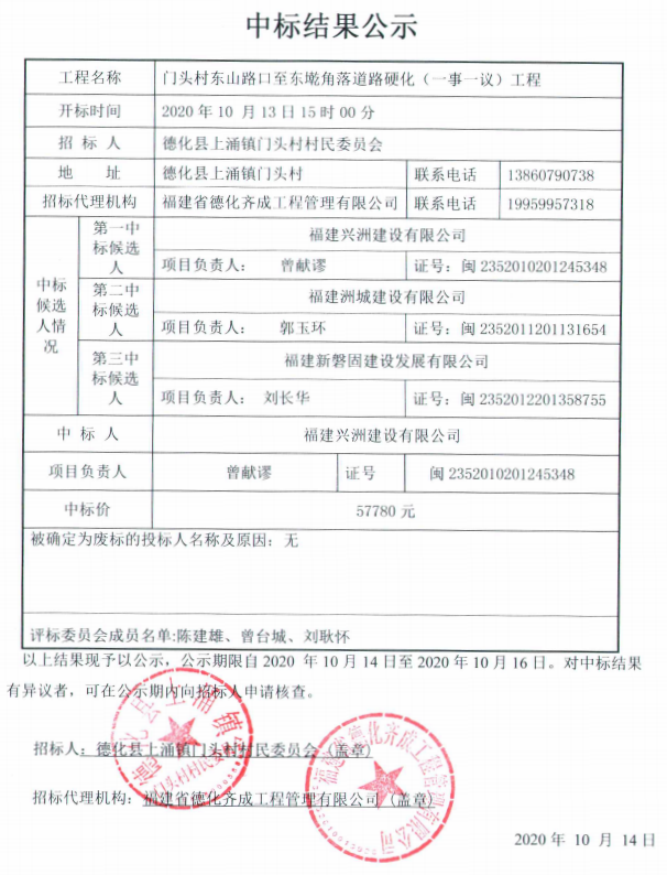 门头村东山路口至东墘角落道路硬化（一事一议）工程中标结果公示 - 憨鼠网