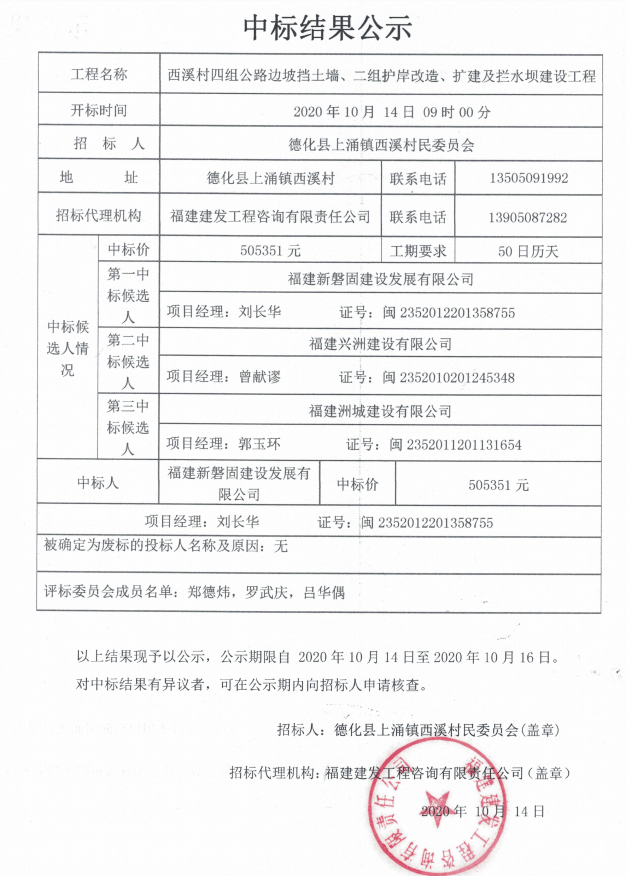 西溪村四组公路边坡挡土墙、二组护岸改造、扩建及拦水坝建设工程中标结果公示 - 憨鼠网