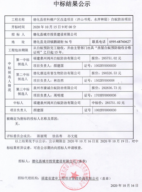 德化县世科棚户区改造项目（泮山书苑、水岸林邸）白蚁防治项目中标结果公示 - 憨鼠网