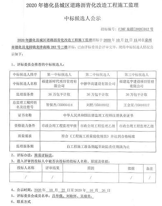 2020年德化县城区道路沥青化改造工程施工监理中标候选人公示 - 憨鼠网
