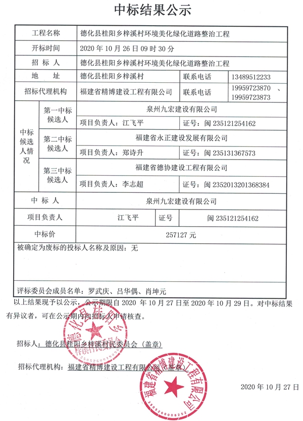 德化县桂阳乡梓溪村环境美化绿化道路整治工程中标结果公示 - 憨鼠网