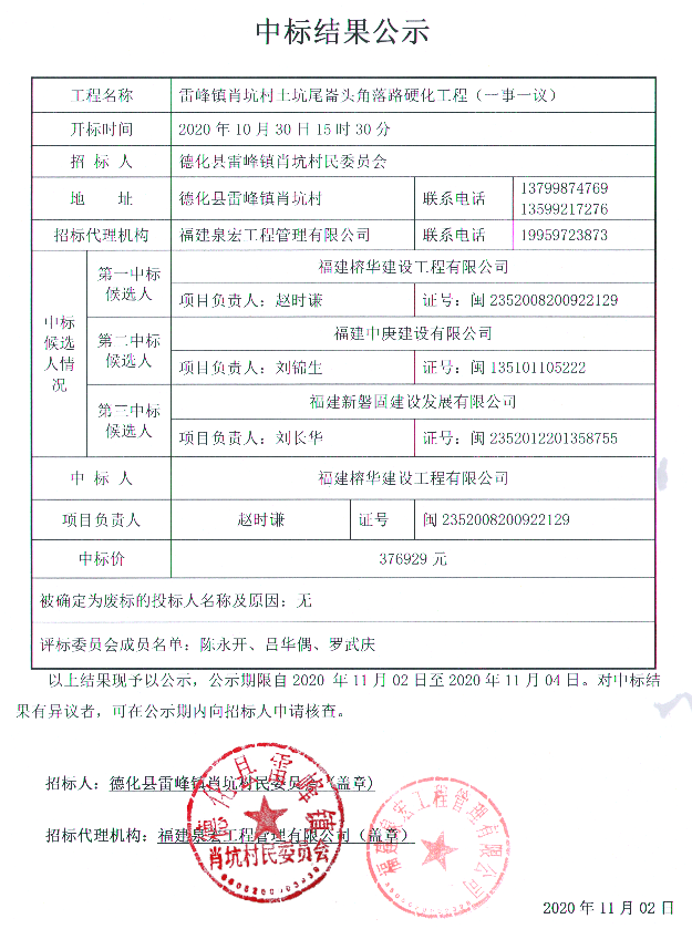 雷峰镇肖坑村土坑尾崙头角落路硬化工程（一事一议）中标结果公告 - 憨鼠网