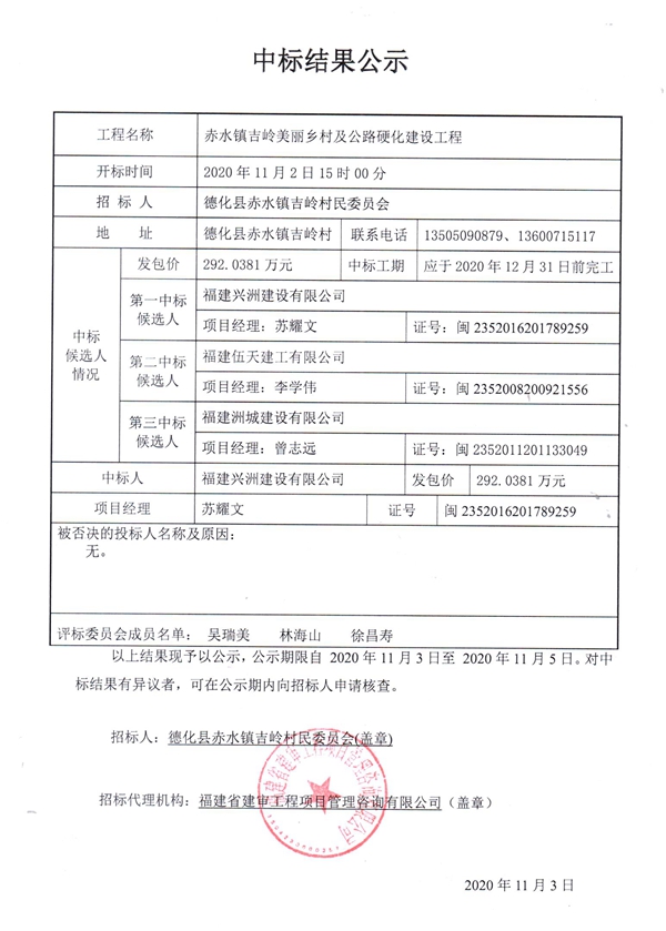 赤水镇吉岭美丽乡村及公路硬化建设工程中标结果公示 - 憨鼠网
