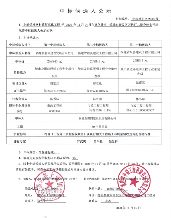 上涌镇桂格村路灯亮化工程中标候选人公示 - 憨鼠网