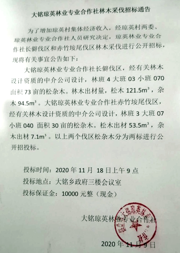 大铭琼英林业专业合作社林木采伐招标通告 - 憨鼠网