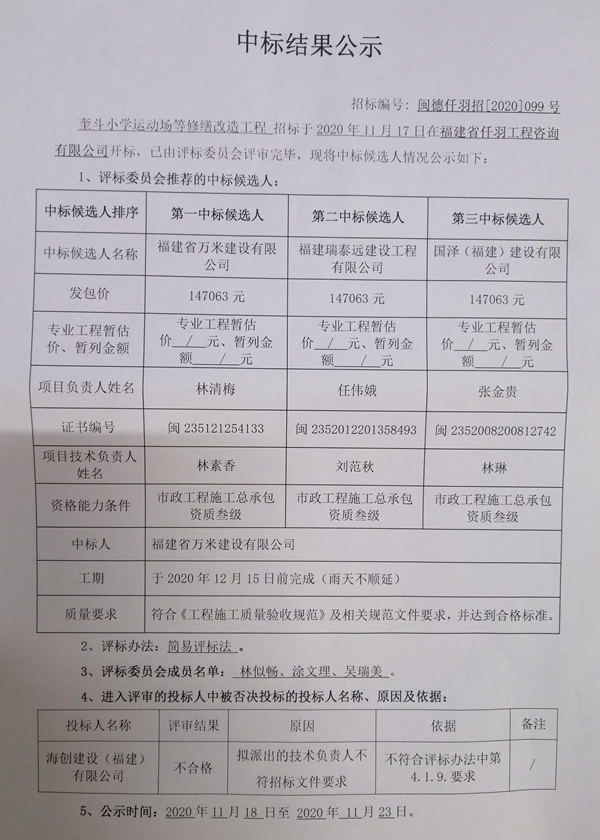 奎斗小学运动场等修缮改造工程中标结果公示 - 憨鼠网