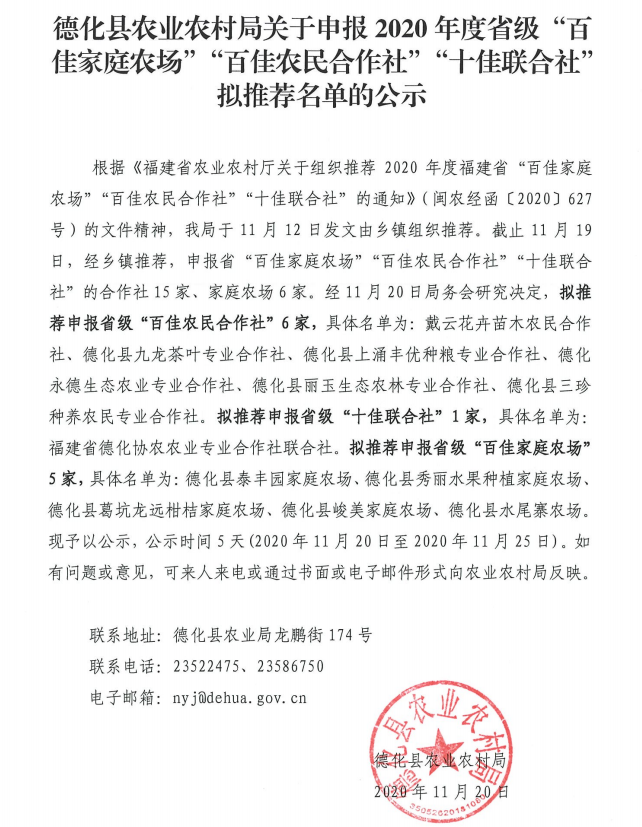 德化县农业农村局关于申报2020年度省级“百佳家庭农场”“百佳农民合作社”“十佳联合社”拟推荐名单的公示 - 憨鼠网