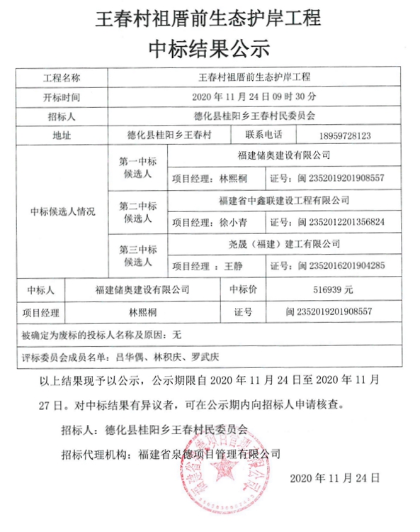 王春村祖厝前生态护岸工程中标结果公示 - 憨鼠网