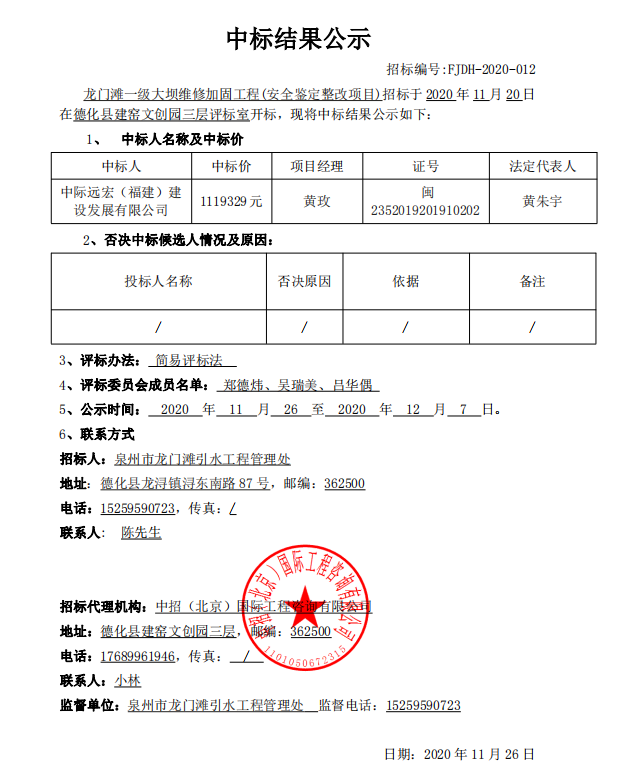 龙门滩一级大坝维修加固工程（安全鉴定整改项目）中标结果公示 - 憨鼠网