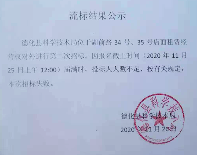 德化县科学技术局店面流标结果公示 - 憨鼠网