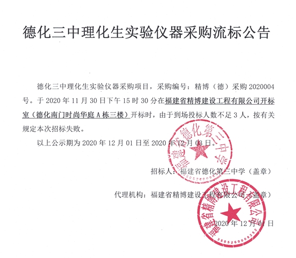 德化三中理化生实验仪器采购流标公告 - 憨鼠网