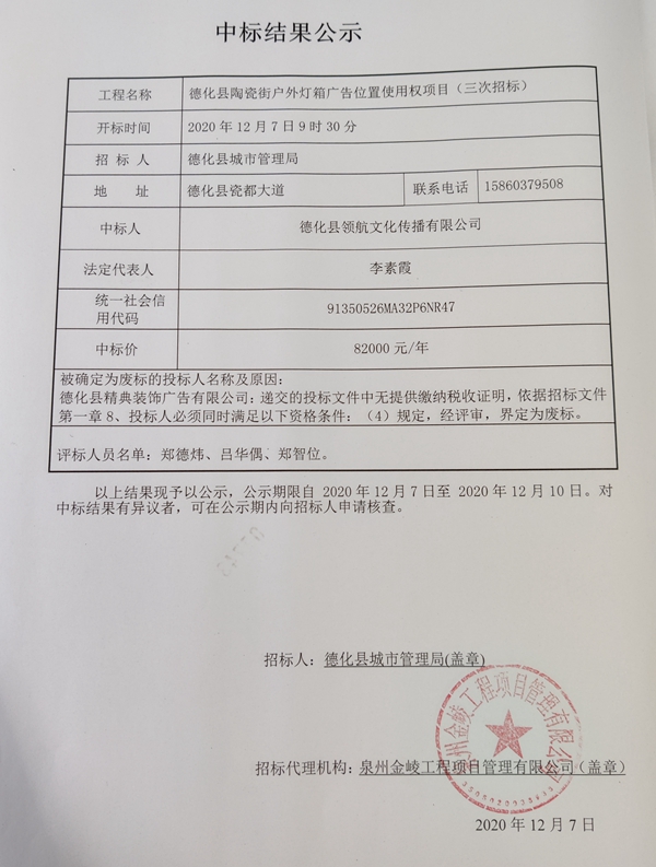德化县陶瓷街户外灯箱广告位置使用权项目(三次招标)中标结果公示 - 憨鼠网
