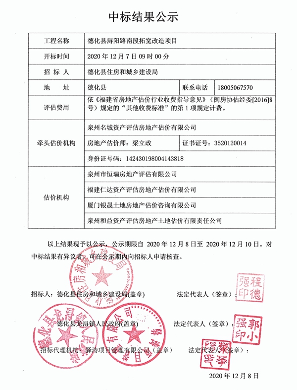 德化县浔阳路南段拓宽改造项目中标结果公示 - 憨鼠网
