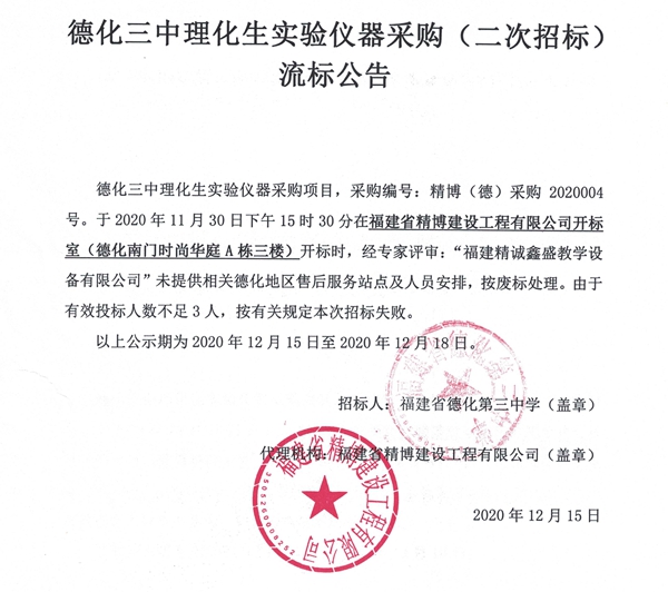 德化三中理化生实验仪器采购（二次招标）流标公告 - 憨鼠网