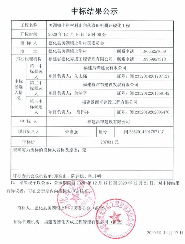 美湖镇上岸村科山角落农田机耕路硬化工程中标结果公示 - 憨鼠网