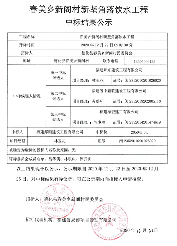 春美乡新阁村新垄角落饮水工程中标结果公示 - 憨鼠网