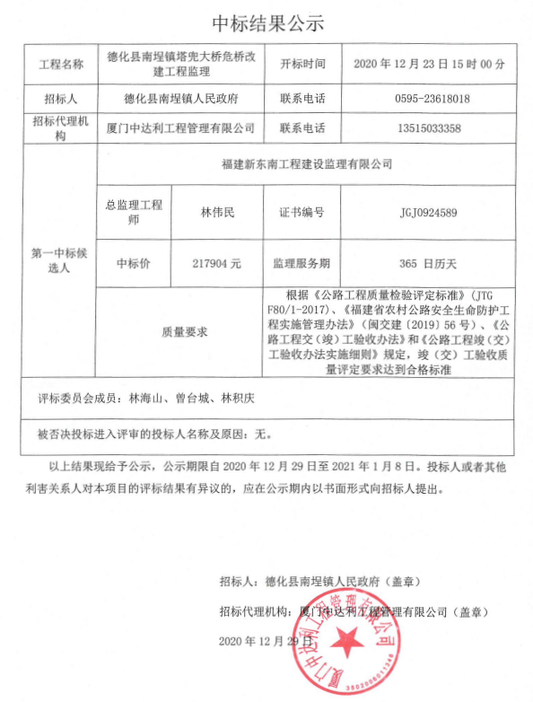 德化县南埕镇塔兜大桥危桥改建工程监理中标结果公示 - 憨鼠网