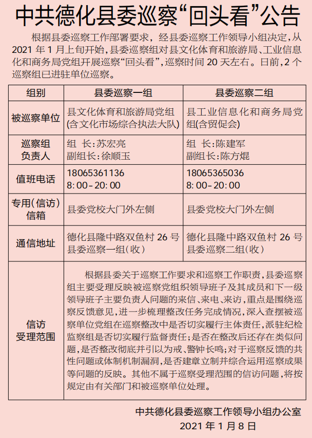 中共德化县委巡察“回头看”公告 - 憨鼠网