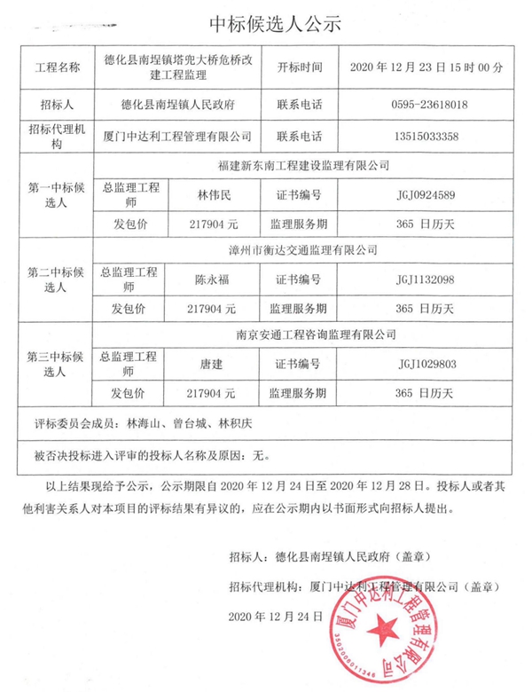 德化县南埕镇塔兜大桥危桥改建工程监理中标候选人公示 - 憨鼠网