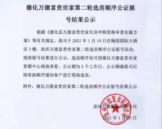 德化万德富贵世家第二轮选房顺序公证摇号结果公示 - 憨鼠网