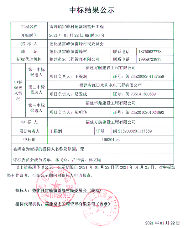 雷峰镇雷峰村角落路提升工程中标结果公示 - 憨鼠网