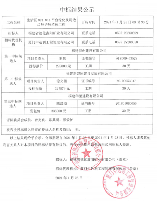 生活区824-844平台绿化及周边边坡护坡植被工程中标结果公示 - 憨鼠网