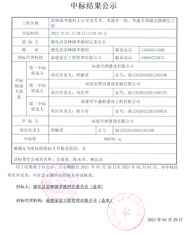 雷峰镇李溪村大丘至虎秀垄、李溪至一组、李溪至西墘公路硬化工程中标结果公示 - 憨鼠网